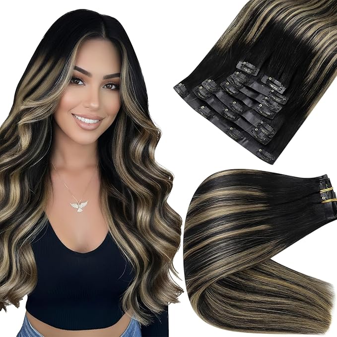Full Shine Human Hair Clip in Extensions Black Balayage Seamless Clip ins Hair Extension With PU Weft Black Ombre Caramel Blonde Invisible Hair Extension Longevity 20 Inch 120 Grams 8 Pcs