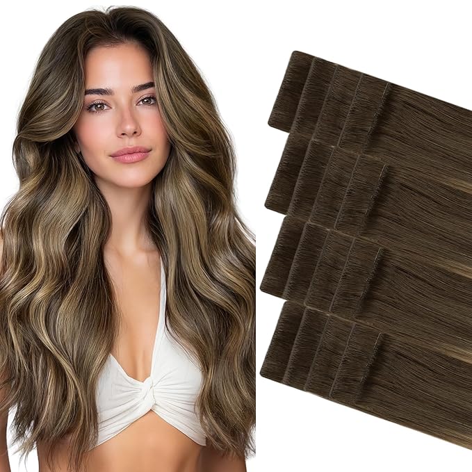 GOO GOO Invisi Edge Tape in Hair Extensions Human Hair, 4/27/4 Balayage Chocolate Brown to Caramel Blonde 20pcs 16inch 50g, Virgin Remy Hair, Seamless Injected Tape, Natural Look