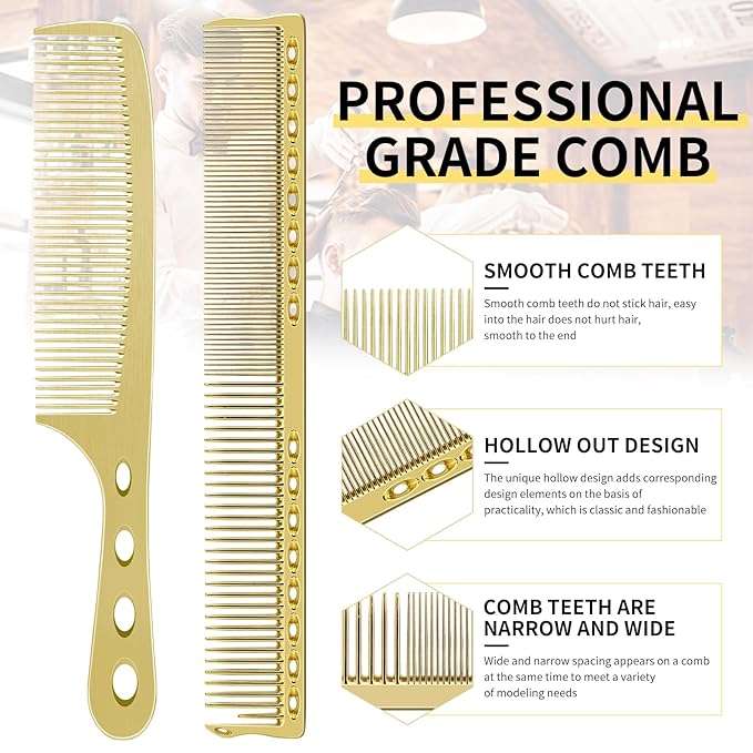 Hair Styling Comb,2PCS Metal Combs For Hair Women,Space Aluminum Stainless Steel Anti-static Sparse Haircut Comb Beauty Tool(Golden)
