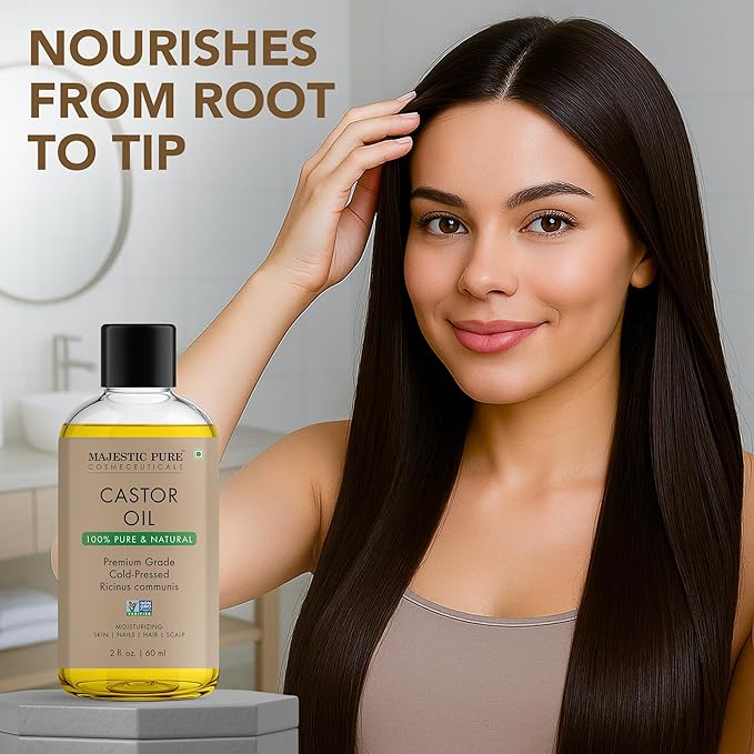 Majestic Pure Castor Oil - 100% Pure & Natural - Premium Grade, Cold Pressed, Hexane Free - Hair, Eyelashes, Eyebrows, Nails - Moisturizing & Nourishing - 2 Fl Oz