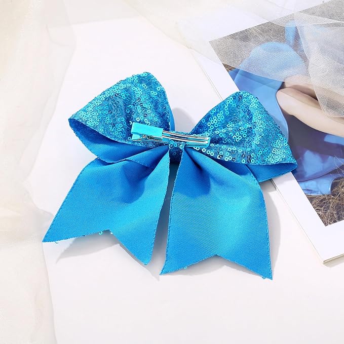 Large Glitter Cheer Bows Clips, Jumbo Big 7 Inch Cheerleading Sequin Hair Bow Hair Accessories for Teens Girls Football Sports Cheerleader Outfit Uniform (Blue)