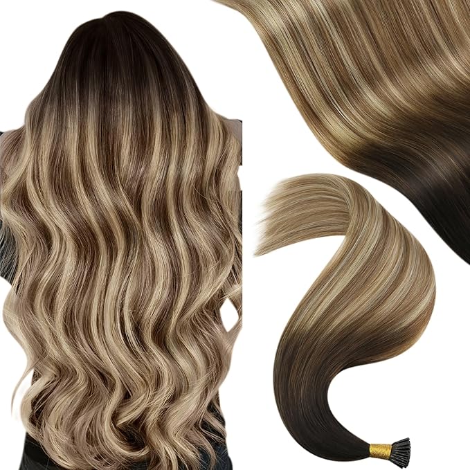 YoungSee Hair Extensions Itip Brown Balayage Human Hair Extensions I Tip 20In Brown Ombre Medium Brown with Blonde Itips Hair Extension Real Human Hair I Tip Remy Hair Extension 50s 50g
