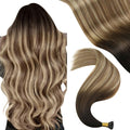 YoungSee Itip Hair Extensions Brown Balayage 14 Inch I Tip Hair Extensions Human Hair Dark Brown Ombre Medium Brown with Blonde Itip Hair Extension Real Human Hair Short Straight Hair 80s 50g