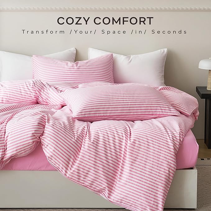 JELLYMONI 100% Natural Cotton Striped Standard Pillowcases Set, 2 Pack Pink Striped Pattern Printed Pillow Covers with Envelope Closure(Pillows are not Included)