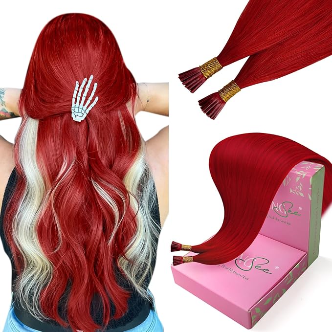 YoungSee Red I Tip Hair Extensions 18 Inch I Tips Hair Extensions Real Human Hair Colored Itip Extension Red 30s 25g Color Hair-Extension for Women Girls Cosplay