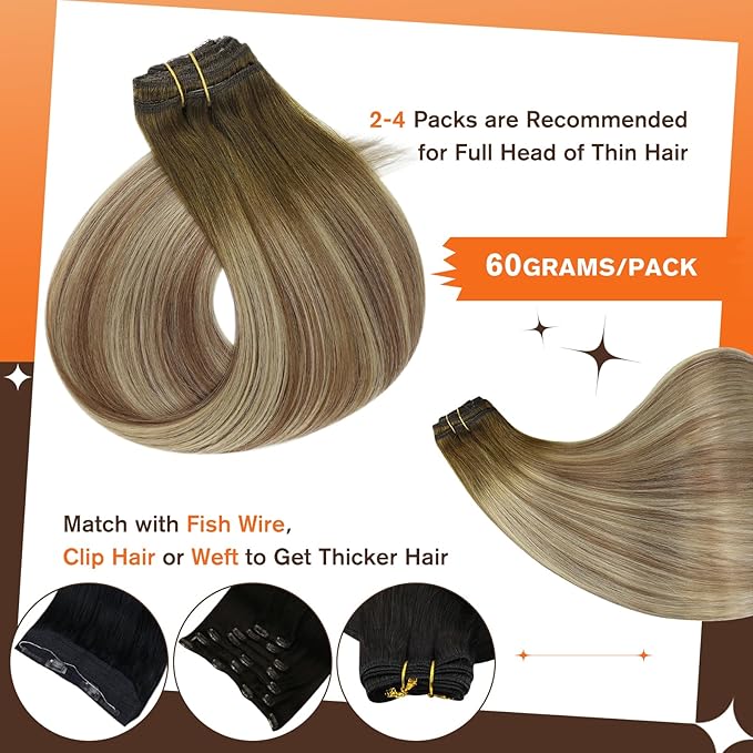 Full Shine Human Hair Clip in Extensions for Woman 14 Inch Medium Brown Ombre to Light Brown and Medinum Blonde Hair Extensions Clip ins Softness 3 PCS 60 Grams