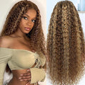 CYNOSURE 13x5 Honey Blonde Curly Wigs Human Hair 180% Density Highlight Ombre Deep Wave Curly 4/27 Colored HD Transparent Lace Front wig Human Hair Pre Plucked with Baby Hair 28 Inch