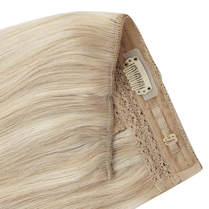 YoungSee 120g Invisible Wire Hair Extensions Ash Blonde Highlights Bleach Blonde Wire Hair Extensions for Women Highlighted Fish Line Hair Extension Human Hair 18Inch