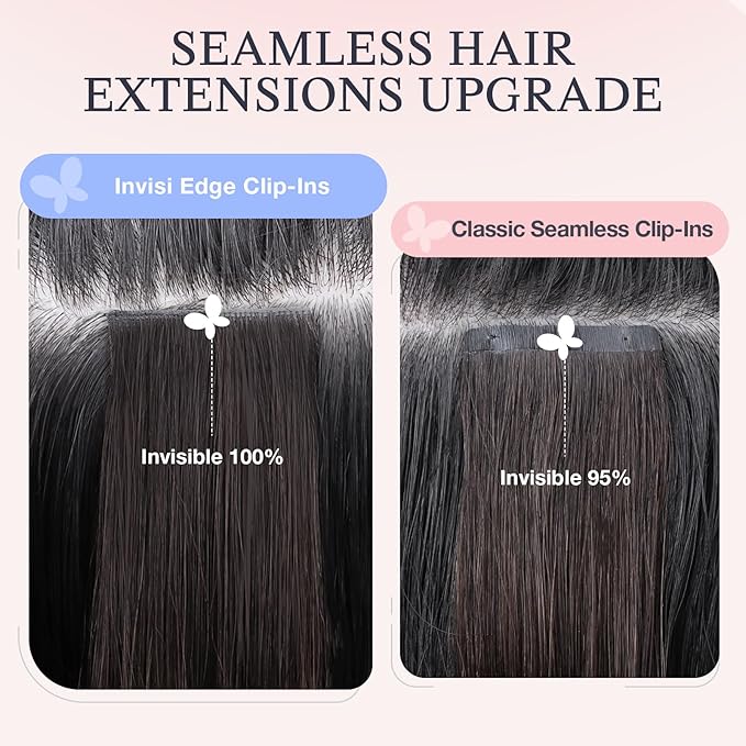 DOORES Human Hair Clip in Extensions 14 Inch 110g 7pcs, Invisi Edge Seamless Real Human Clip in Hair Extensions Invisible Remy Virgin Clipins Straight Skin Weft Thickening, 1B Natural Black