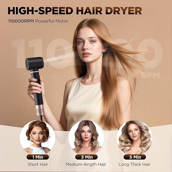 O.H.B 5 in 1 Hot Air Hair Styler, 110,000 RPM High Speed Hair Dryer Brush, Ionic Air Styler Wrap with Fast Drying, No Heat Damage Air Multi Styler for Volumize, Curl, Straighten for Travel, Black Gold