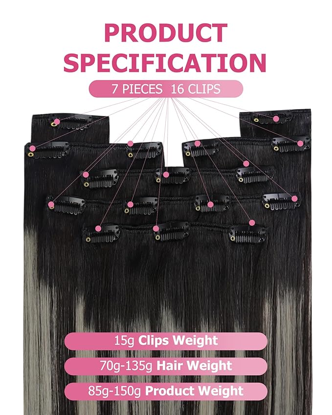YoungSee 135G Balayage Clip in Hair Extensions Black Ombre Clip in Hair Extensions Human Hair Natural Black and Silver Blonde Balayage Human Hair Clip ins for Natural Look 16In