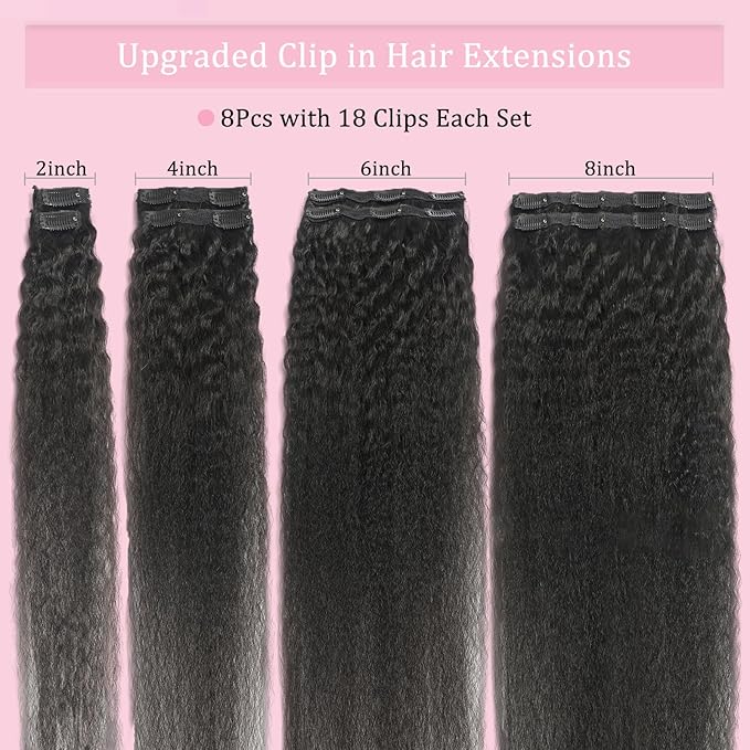 Clip in Hair Extensions Real Human Hair 125g 8Pcs/Set Kinky Straight Clip Ins Brazilian Human Hair for Black Women Seamless Clip on Hair Extensions Double Weft with 18Clips (24Inch)