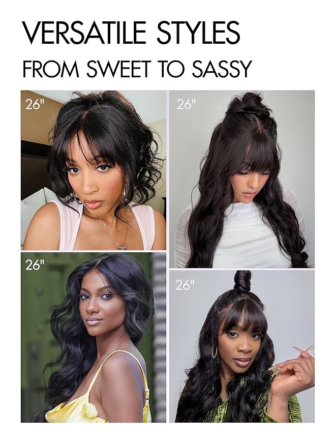 LUVME HAIR 7x6 HD Lace All-Day Comfort Wig with Bangs 200% Density Hair PartingMax Lace Wigs Loose Body Wave Lace Front Wigs Human Hair Pre Cut Plucked Lace Frontal Glueless 18 Inches