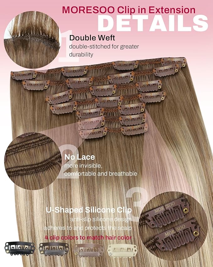 Moresoo Blonde Balayage Clip in Hair Extensions Light Brown to Medium Blonde Ombre Thick Hair Extensions Clip ins Long And Straight Real Human Hair Can Style for Wedding 150g/7pcs 24inch