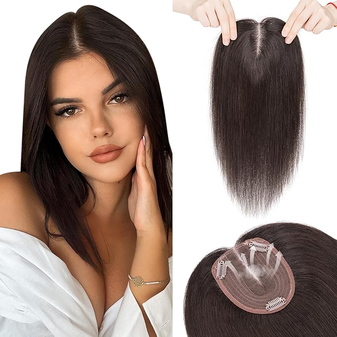 Hairro 100% Human Hair Topper No Bangs, Real Clip in Hair Hairpieces for Women, 3.94x4.72" Silk Base for Thinning Receding High Hairline, 10 Inch Natural Black Middle Part