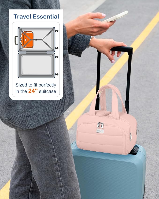 TOPDesign Travel Toiletry Bag for Women, Puffer Large Toiletry Bag, Lightweight Cosmetic Makeup Organizer with Handle for Traveling, Accessories, Essentials, Toiletries (Pink)