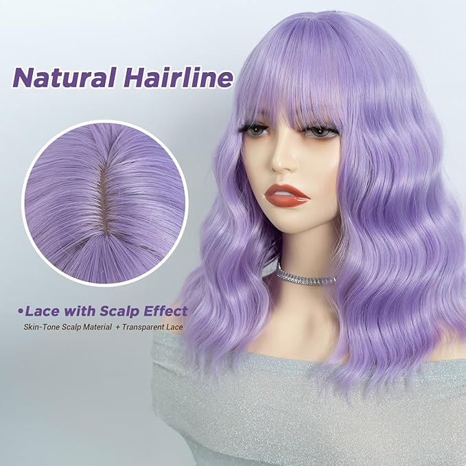 NOBLE Short Curly Purple Bob Wig with Bangs for Girls and Women Shoulder Length Heat Resistant Synthetic Wig Bob Curly Loose Wavy Hair Wigs for Halloween Cosplay 12 Inches