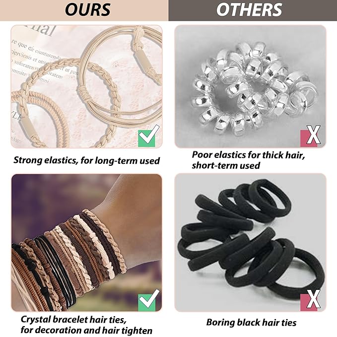 Hair Accessories Set for Women: 20 Boho Hair Ties in 5 Neutral Colors, 4 Stylish Hair Bands Bracelets for Thick or Thin No Damage Ponytails