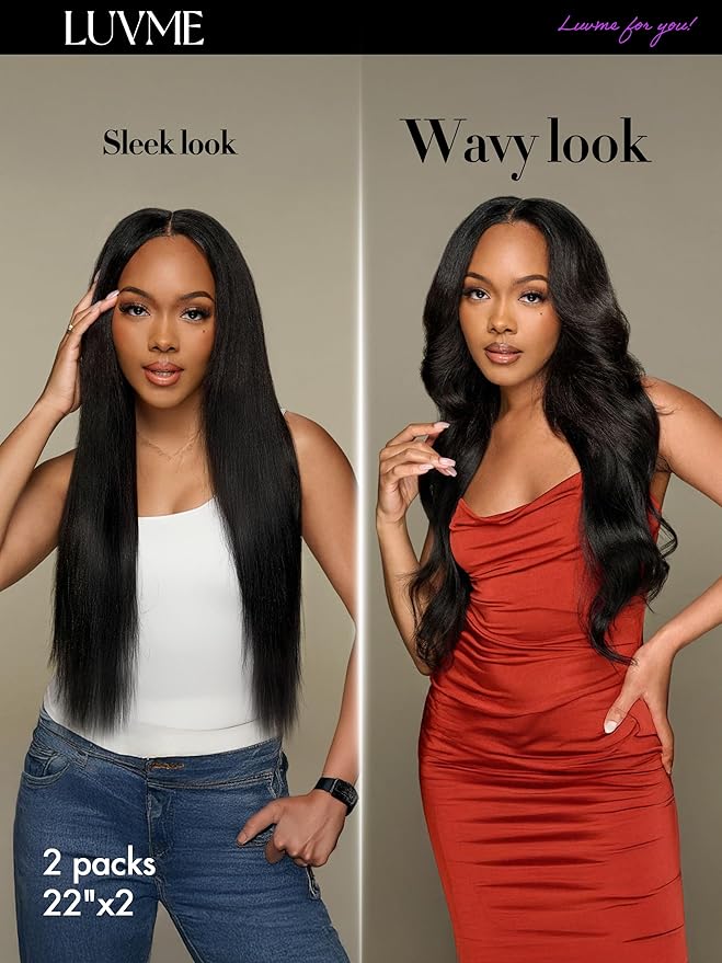 LUVME Yaki Straight Seamless 2 Pack 220g 14Pcs Clip in Hair Extensions Full Max with 22inch Remy Human Hair Extensions, Natural Black 100% Real Soft Hair