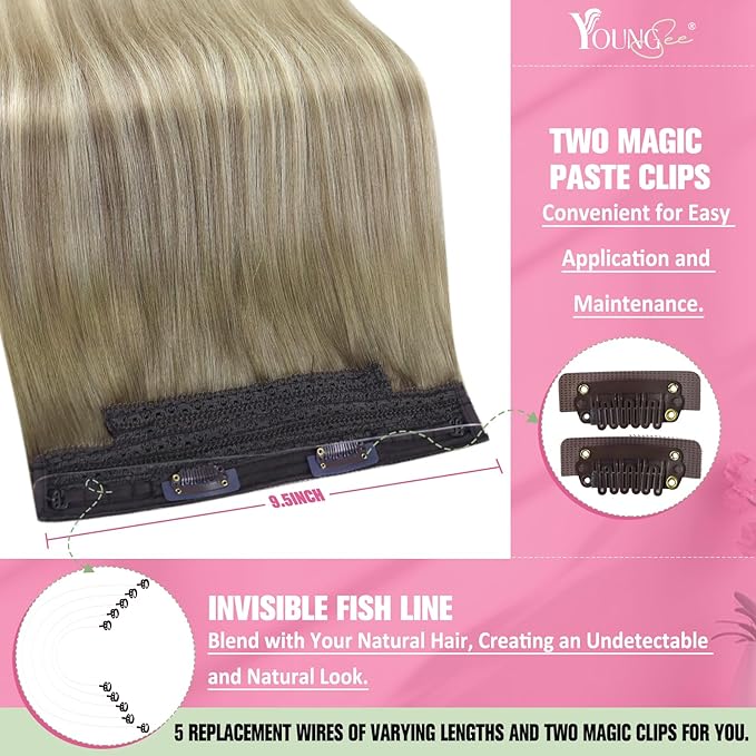 YoungSee Wire Hair Extensions Ombre Blonde Invisible Wire Human Hair Extensions Balayage Ash Blonde Ombre Platinum Blond Fish Line Hair Extension Short Straight Hair 12Inch 70G