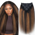 T1BP1B/30 Kinky Straight Clip in Hair Extensions Real Human Hair Colorful Omber Kinky Straight Clip ins 12 Inch Clip on Hair for Full Head, Wear and Go Kinky Clip ins