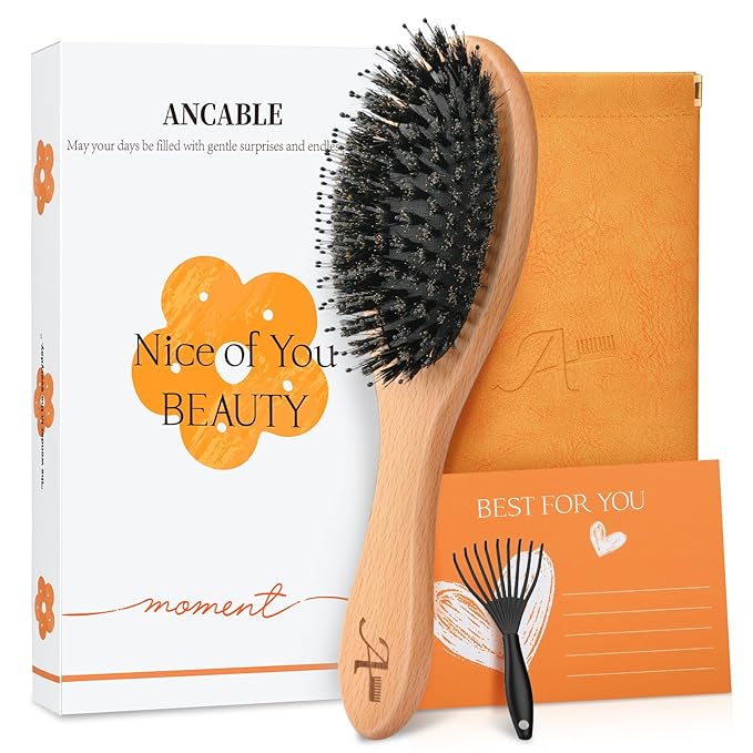 Boar Bristle Hair Brush Gift Set for Women & Men, 100% Natural Bristle & Nylon, Reduces Frizz & Static, Gentle Detangling for All Hair Types Thick Thin Curly Straight, Regular Size