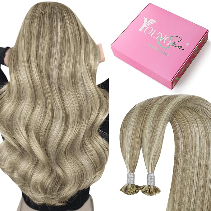 YoungSee K Tip Hair Extensions Light Brown Highlight Ktip Human Hair Extensions for Working Light Brown with Blonde Highlight 20In Soft 50s/50g