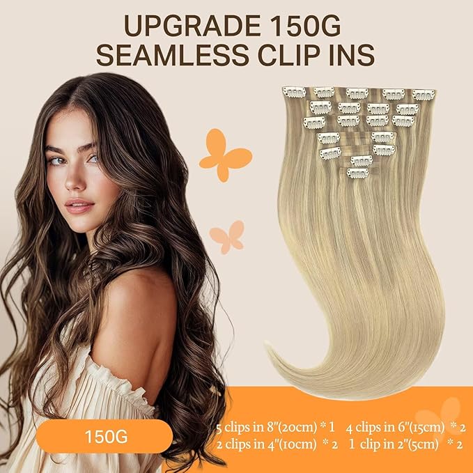 DOORES Clip in Hair Extensions, Ash Blonde to Golden Blonde and Platinum Blonde 14 Inch 130g 7pcs, Seamless Clip in Hair Extensions Natural Straight Hair Thin Weft Invisi Edge Hair Extensions