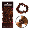 Amelia Beauty, Brown Satin Small Scrunchies, 12-Pack – No Damage Hair Ties for Women, Gentle & Durable Hair Accessories, 2.5in x 0.5in