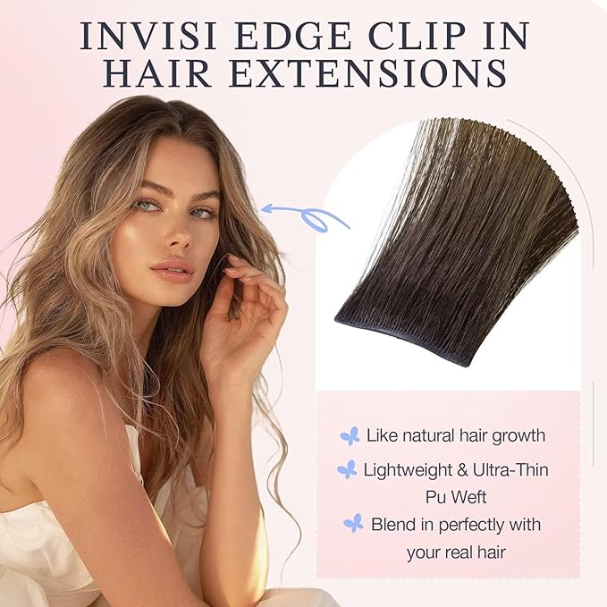 DOORES Invisible Clip in Hair Extensions 20 Inch 150g 7pcs, Real Human Hair Invisi Edge Virgin Clip ins Extensions Straight Thickening, 1D/2C/4E Natural Black to Dark Brown and Chocolate Brown