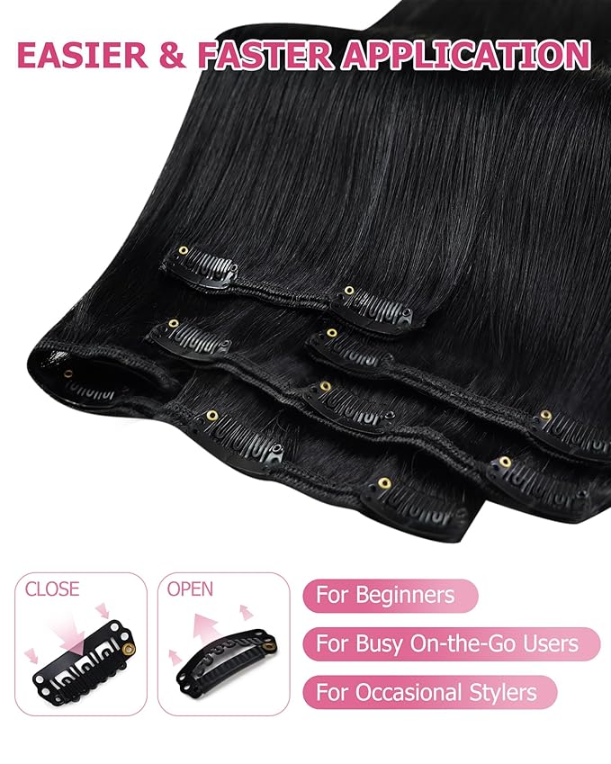 YoungSee 150G Human Hair Clip in Extensions Jet Black Clip in Human Hair Extensions Jet Black Clip on Hair Extension Real Hair Full Head Long Hair Extension Clip ins for Women 22Inch 7Pcs