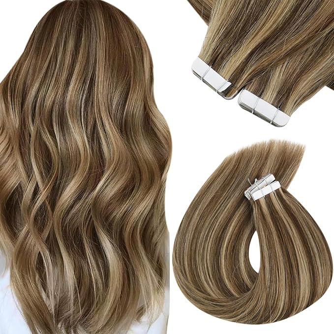 Sunny Hair Tape in Hair Extensions Human Hair 14 Inch Hair Extensions Real Human Hair Tape in Extensions for Women Medium Brown Highlights Caramel Blonde Remy Hair Straight Skin Weft 40pcs 100g