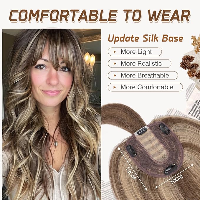 Rich Choices Hair Toppers for Women Real Human Hairs With Bang 100% Remy Human Topper for Thinning Hair Clip in Silk Base Topper 12 Inch #4P27 Medium Brown Mix Dark Blonde