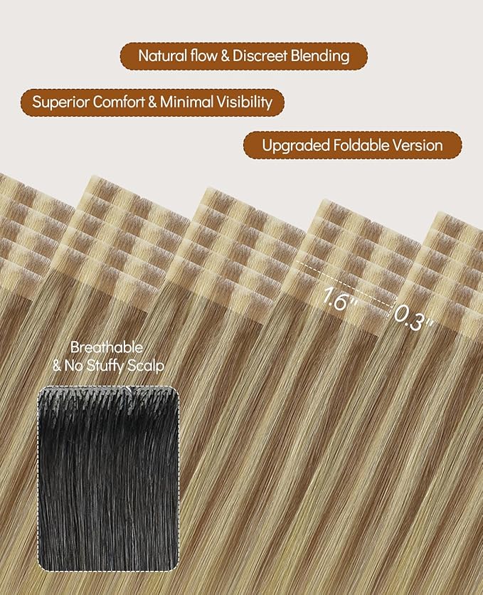 VINBAO Invisi Edge Tape in Hair Extensions Ash Blonde Highlights Blonde Balayage Injection Tape in Human Hair Extensions Natural Cheveux Humain 45g 20pcs 16inch #10/16/16