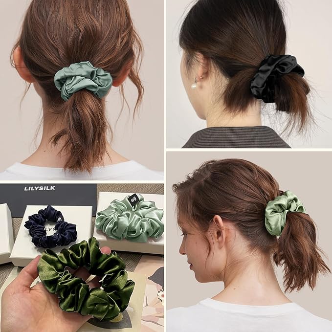 LILYSILK Silk Hair Scrunchies Ties for Frizz & Breakage Prevention 100% Mulberry Elastic Ponytail Holder 5PC (pale green+olive+dark green+avocado+black)
