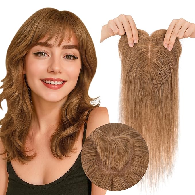 Real Human Hair Toppers for Women 3.54"*4.72" Silky Base 150% Density With Bangs Adjustable Parting Clip-In Topper Hairpieces for Women with Thinning Hair 12 Inches Light Brown