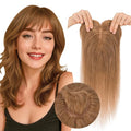 Real Human Hair Toppers for Women 3.54"*4.72" Silky Base 150% Density With Bangs Adjustable Parting Clip-In Topper Hairpieces for Women with Thinning Hair 14 Inches Light Brown