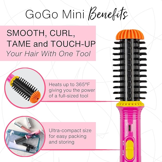 CALISTA GoGo Mini Heated Round Brush | Curl, De-Frizz, and Style Hair with the Mini 7” Styling Tool | Heats to 365°F | Perfect for Travel | Dual Voltage | Compatible for Most Hair Types (Pink Petals)