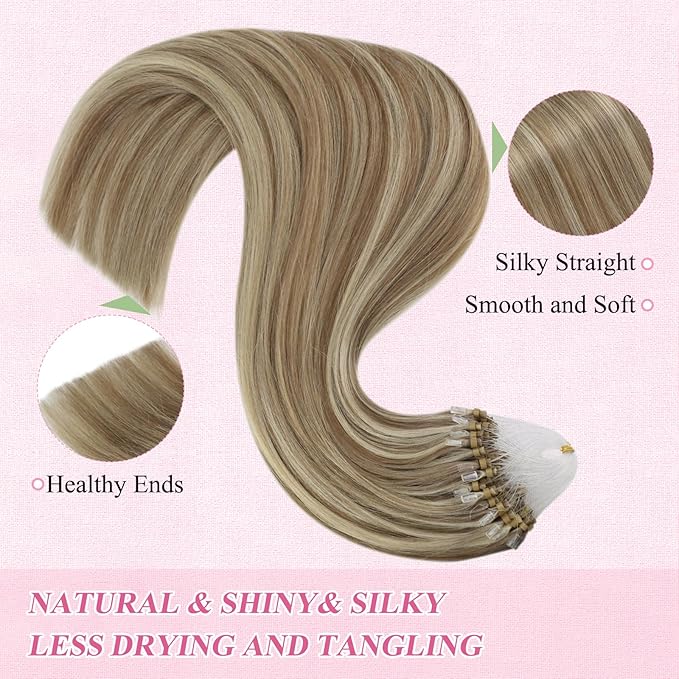 YoungSee Micro Beads Hair Extensions Brown Highlight Micro Loop Hair Extensions Human Hair Light Brown and Blonde Highlight Microlink Hair Extension Human Hair for Long Hair 24In 50s 50g