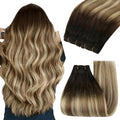YoungSee Sew in Hair Extensions Real Human Hair Ombre Hair Extensions Weft Dark Brown Roots to Medium Brown with Blonde Balayage Soft Hair Extension Sew in for Full Head 100G 18Inch