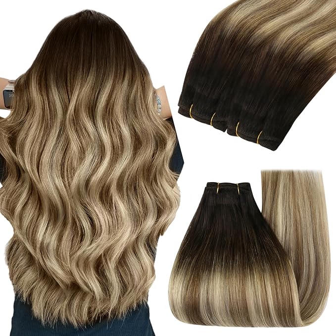 YoungSee Weft Hair Extensions Brown Balayage Human Hair Extensions Sew in Darkest Roots to Medium Brown with Blonde Balayage Double Weft Human Hair Extensions 16Inch 100G