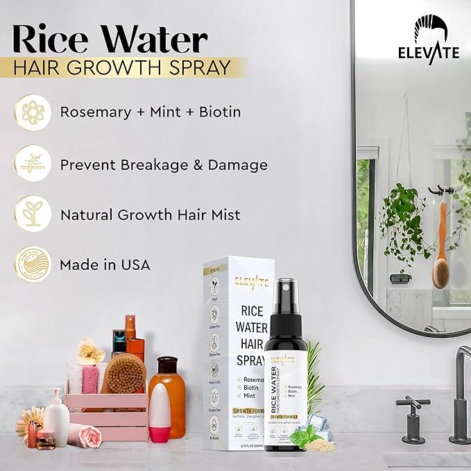 Elevate Rice Water Spray for Hair Growth - Fermented Rice Water & Rosemary Hair Mist with Biotin - Vegan Leave-In Treatment for Stronger, Thicker, Healthier Hair - Scalp Care for Women & Men