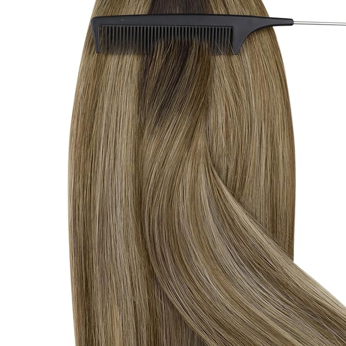 YoungSee Nano Ring Hair Extensions Human Hair Brown Nano Ring Hair Extension Balayage Dark Brown with Blonde Nano-Beads Hair Extension Brown Nano-Tips Remy Hair for Wedding 16inch 1g/s 50g