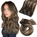 Moresoo Clip in Hair Extensions Real Human Hair Balayage Dark Brown with Caramel Blonde 5pcs 80g Remy Straight Invisible Lace Double Weft Ombre Human Hair Clip in Extensions 16inch