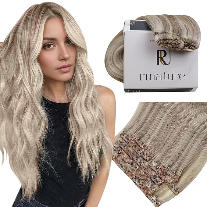 RUNATURE Clip in Hair Extensions, Thick Human Hair Clip in Extensions 120g, Blonde Remy Hair Tangle Free, Natural Looking For Daily Wearing, 14 Inch 7pcs #19P60 Dirty Blonde Highlights