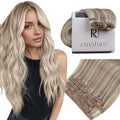 RUNATURE Clip in Hair Extensions Real Human Hair, Double Weft Human Hair Clip in Extensions, Straight Blonde Hair Remy Soft, Add Volume, 16 Inch 120g 7pcs #19P60 Grey Blonde Highlights