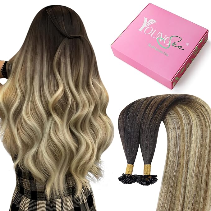 YoungSee K Tip Hair Extensions Human Hair Balayage Ktip Real Hair Extensions Dark Brown Ombre Brown with Blonde Hot Fusion 14In 50s/50g