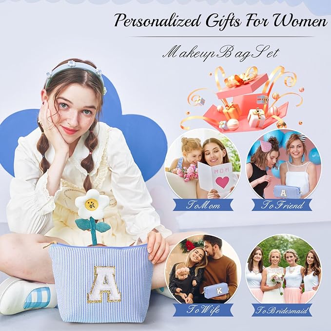 YOOLIFE Personalized Gifts for Women, Initial Makeup Bag with Makeup Pouch Cosmetics Organizer Bag Cute Makeup Bag Wedding Mothers Day Gifts Wedding Gifts for Sister Wife Friend Female Mom Blue N