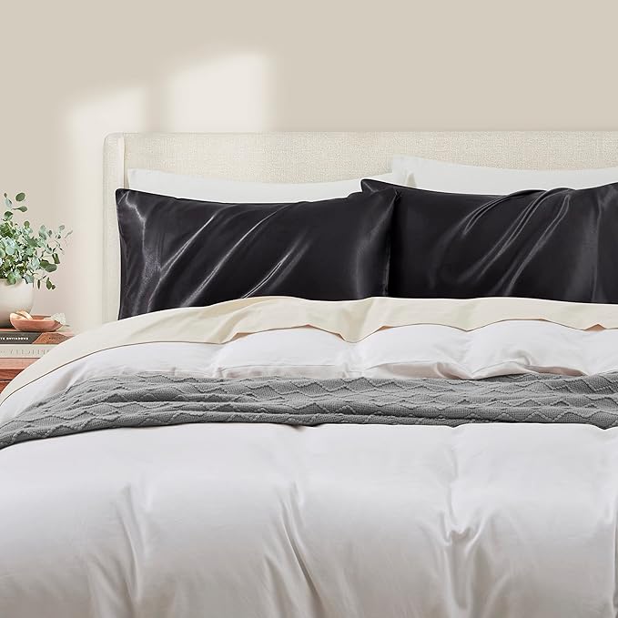 Black Satin Pillowcases Queen Size Set of 2 for Hair and Skin,Black Silk Pillowcase Breathable Pillowcase with Envelope Closure