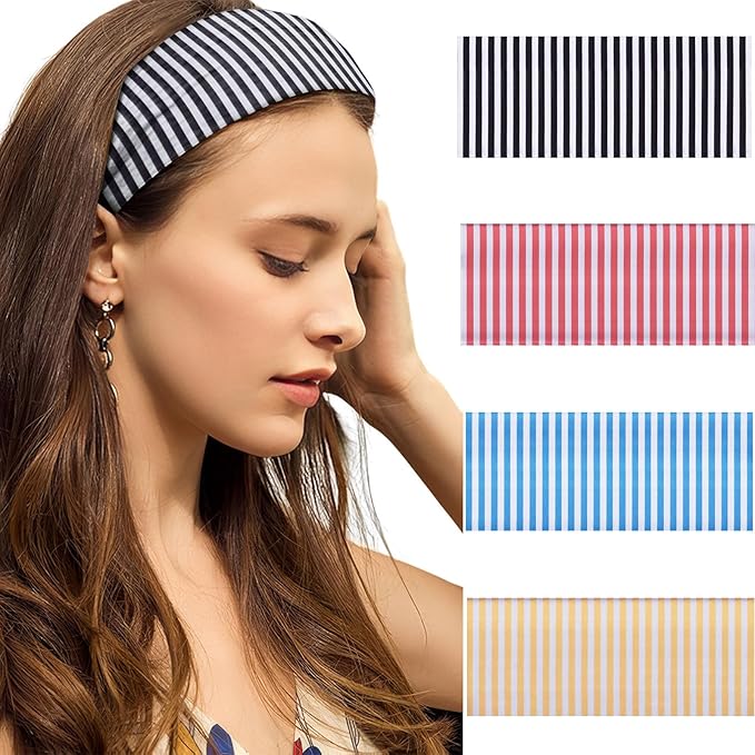 4pcs Headbands for Women Striped Wide Head Bands for Women's Hair Non Slip Wraps Elastic Stretchy Fashion Bandanas Workout Yoga Running Hair Bands for Women's Hair Accessories